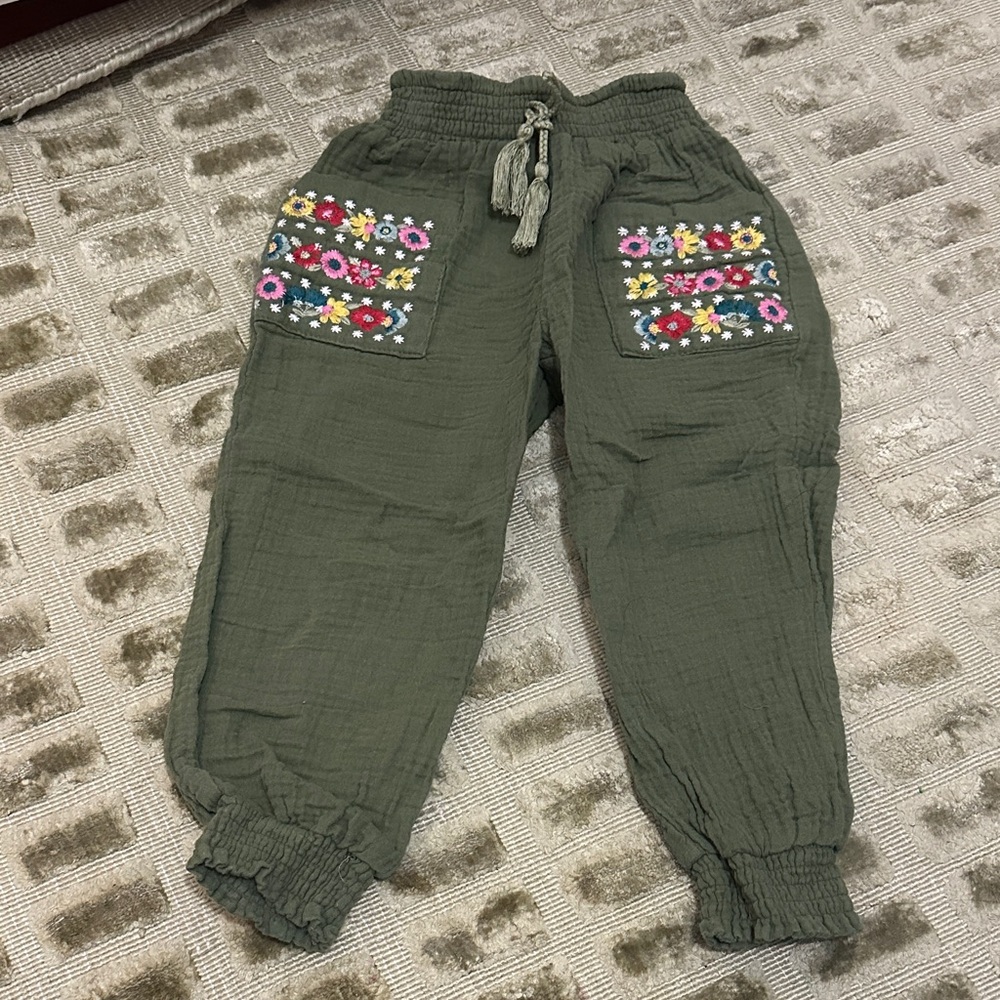 Peek Kids Green Joggers with Floral Embroidery